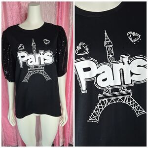 Love & Lace Black Paris Graphic Rhinestone Sequin Puff Sleeve Top Size Large